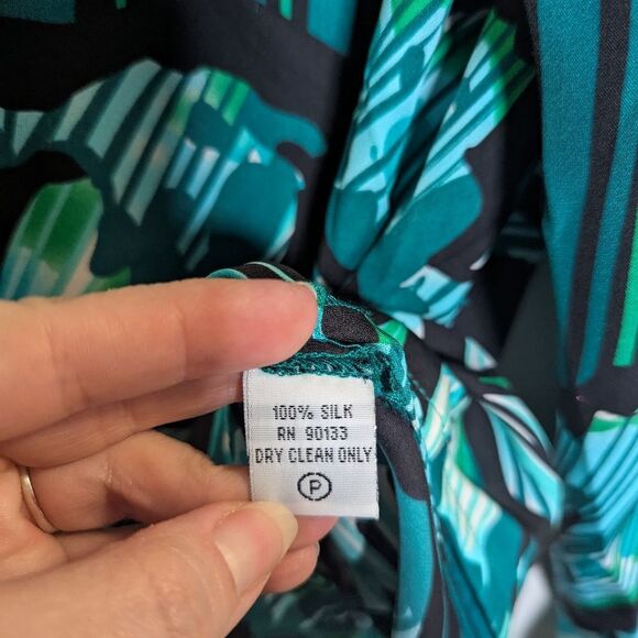 Bob Mackie Wearable Art Teal Blue Green Silk Floral Striped Button-Up Blouse XS - Picture 5 of 7